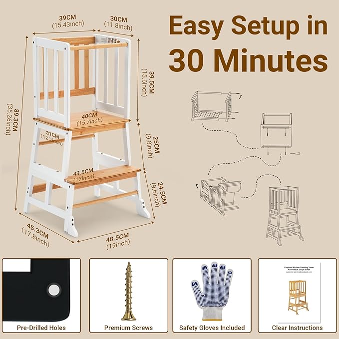 COSYLAND Kids Kitchen Step Stool Helper - Wooden Standing Tower for Kids with Anti-Tip Support Legs - Mothers' Helper Kids Learning Stool for Kitchen Counter (White & Natural)