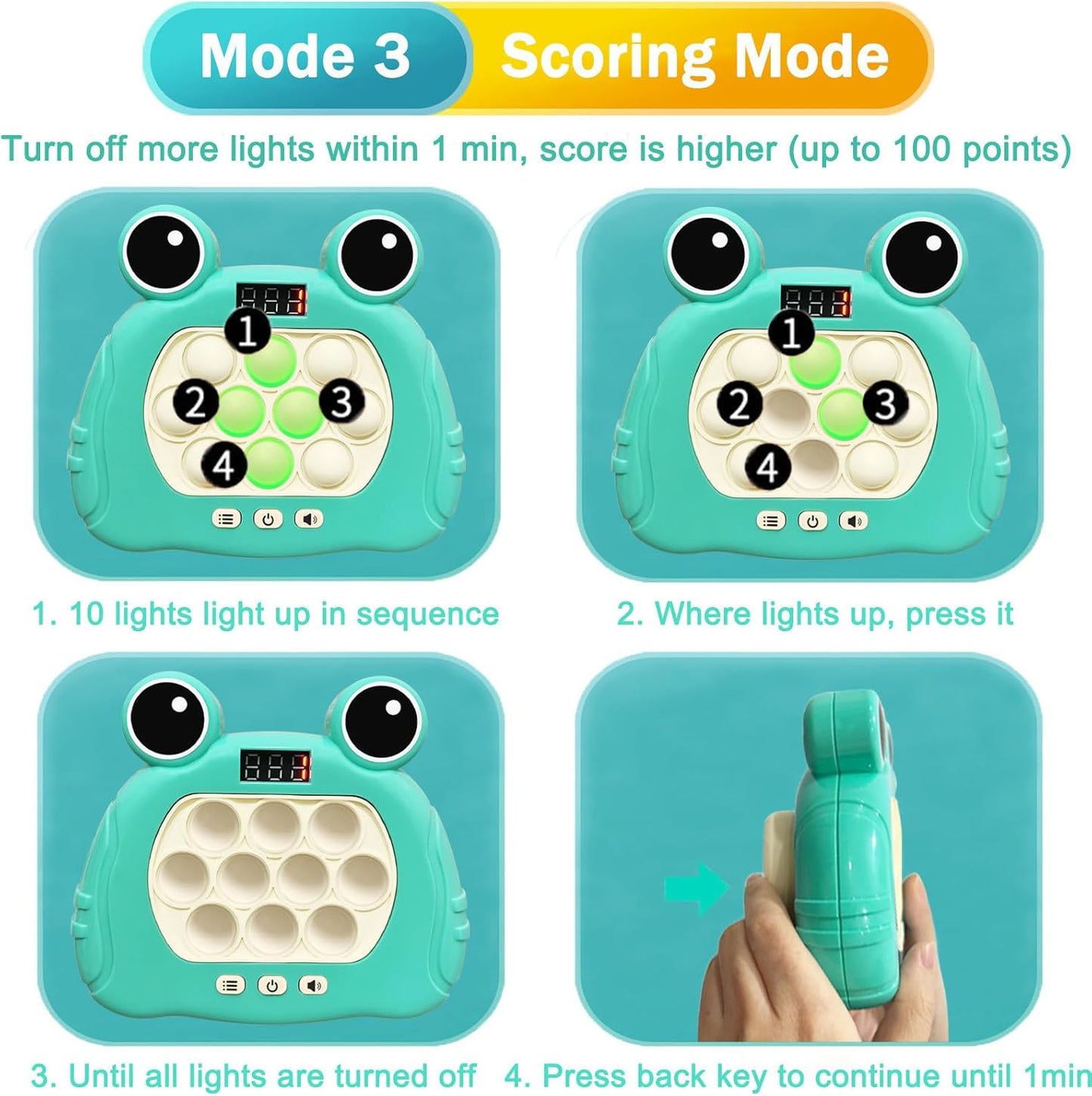Pop Quick Push Game Light Up Fidget Toys Handheld Puzzle Press Popping Game Console for Kids Ages 3+ Adult Green Frog