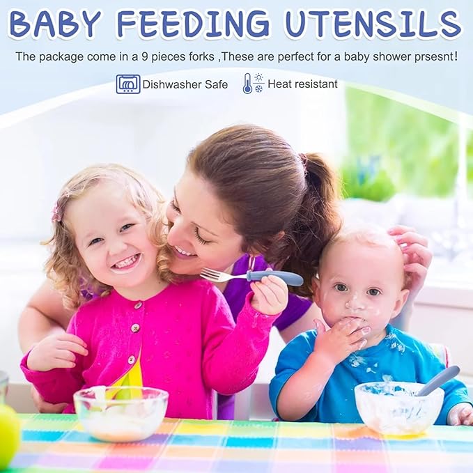 Chumia 9 Pieces Stainless Steel Toddler Forks, Kids Safe Utensils Set Baby Kids Self Feeding Training Cutlery with Round Handle, Stainless Steel Metal Flatware for Children Boys Girls, Dishwasher Safe