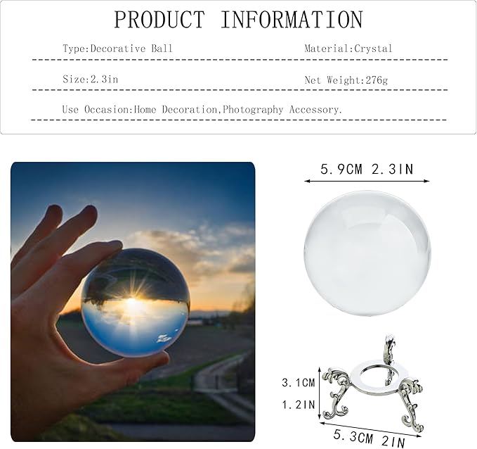 ZEERSHEE 60mm Sparkling Clear Crystal Ball with Stand Handcrafted Photography Prop for Magical Shots Elegant Home & Party Decor for Women