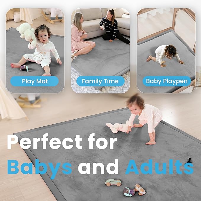 1.3" Thick Baby Play Mat for Floor, 79x118 Large Foam Tummy Time Mat, Padded Support Soft Plush Nursery Rug for Infant Kids Toddler Crawling Kick Activity (Dark Grey)