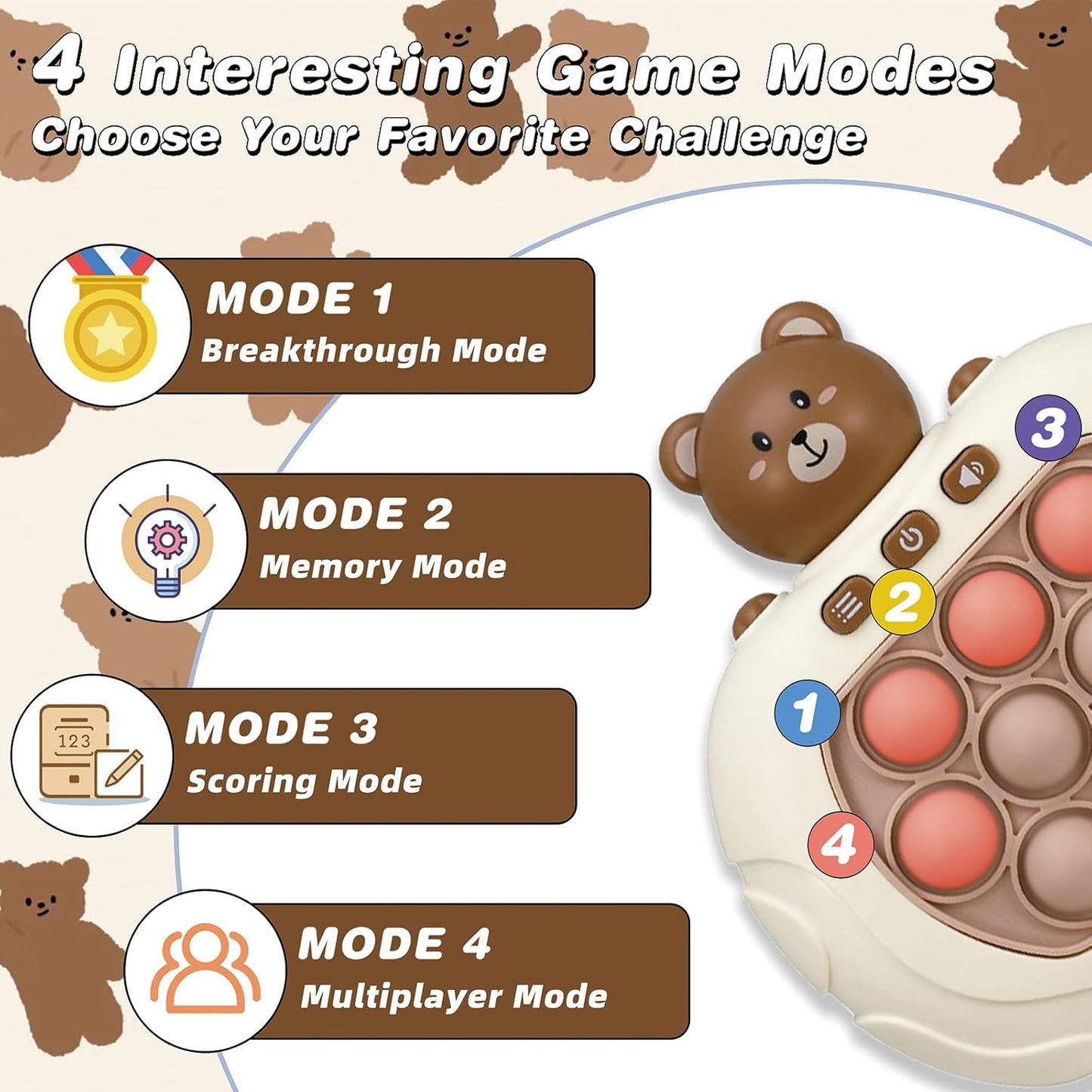 Quick Push Bubble Game Machine, Pop Game Puzzle Educational Console, Light Up Handheld Squeeze ADHD Stress Relief Fidget Toys for 3+ Boys Girls Kids Adults Birthday Christmas 4 Modes, Bear Animal