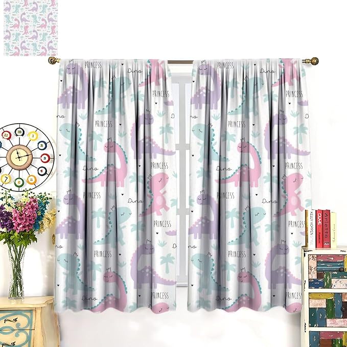 Kids Dinosaur Curtains for Boys Girls Bedroom Decor Cartoon Dino Colorful Cute Funny Animal Wildlife Printed Blackout Rod Pocket Window Drapes for Baby Nursery Playroom W31.5xL72in 2 Panels