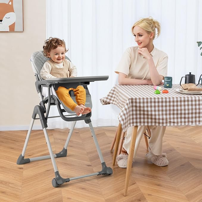 INFANS Baby High Chair, Convertible Quick Folding Portable Highchair for Babies and Toddlers with Adjustable Height Backrest Footrest 2 Wheels Removable Tray, Easy to Clean PU Seat (Grey)
