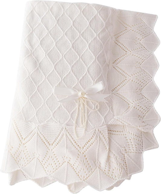 Booulfi Knit White Baby Blankets Neutral,Crib Stroller Newborn Blankets for Boys Girls,Cotton Lace Crochet Winter Blanket Nursery Blanket New Baby Essentials, 38X39