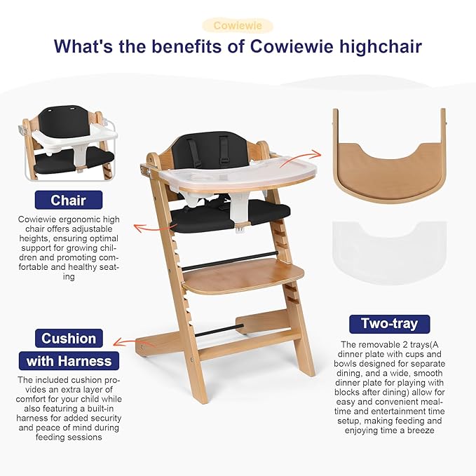 Cowiewie Natural Wooden High Chair for Babies & Toddlers 3-Tier Remove & 2 Adjustable Tray, 8 Adjustable Highchair with Cushions, Easy to Clean (Black)