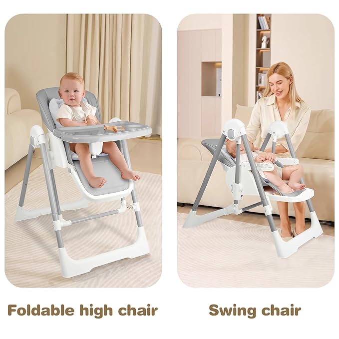 High Chairs for Babies and Toddlers Foldable High Chair Adjustable with Reclining Seat & Leg Rest, 3-in-1 Convertible Baby Swings with Tool-Free Assembly (Grey)