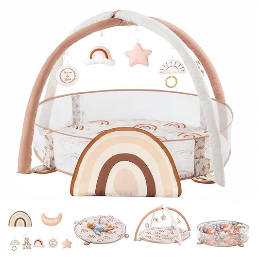 Crisschirs 6-in-1 XL Large Baby Gym & Ball Pit, Play Mat & Play Gym, Combination Baby Activity Gym with Milestone Cards for Sensory Exploration and Motor Skill Development, Balls are not Included