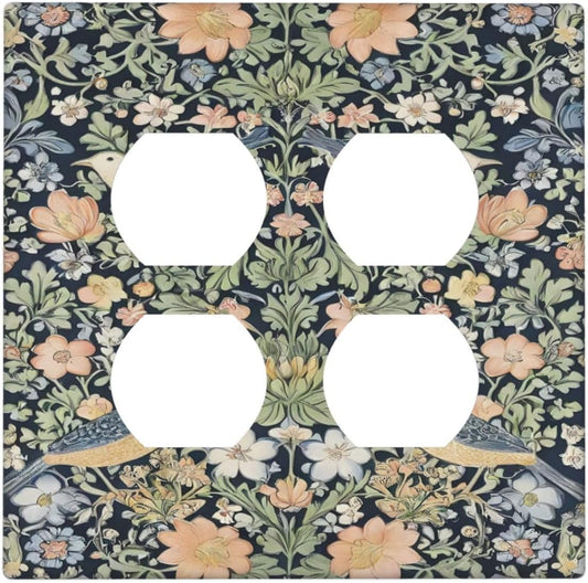 Decorative Outlet Covers Rustic Morris Birds Green Leaf Flower 2 Gang Wall Plate Cover Double Duplex Receptacle Two Switch Light Switch Cover Plate Jumbo Dual Faceplate for Home Decor