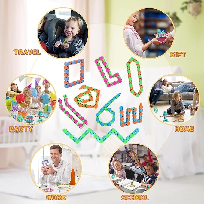 8Pcs 24Links Fidgets Wacky Tracks Fidget Toys for Kids Classroom Students Gifts School Stocking Stuffers Plastic Sensory Autism Snap Fidget Click Snake Toys for Adults Travel Stress Relief 11inch