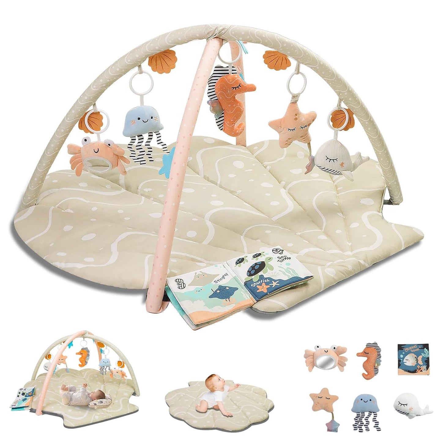 Baby Play Mat, Oversize Shell Tummy Time Mat with 6 Detachable Baby Activity Toys, Baby Gyms & Playmats for Babies 0-6 Months, Baby Mat for Floor Newborn Baby Shower Gifts (Beige)