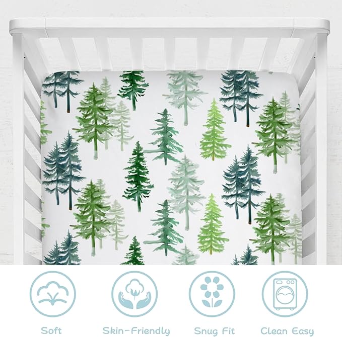 Watercolor Pine Trees Baby Crib Sheets 52''x28'' Winter Green Pines Snug Fitted Crib Mattress Cover for Boy Girl Soft Nursery Baby Bed Sheets for Standard Crib and Toddler Mattresses