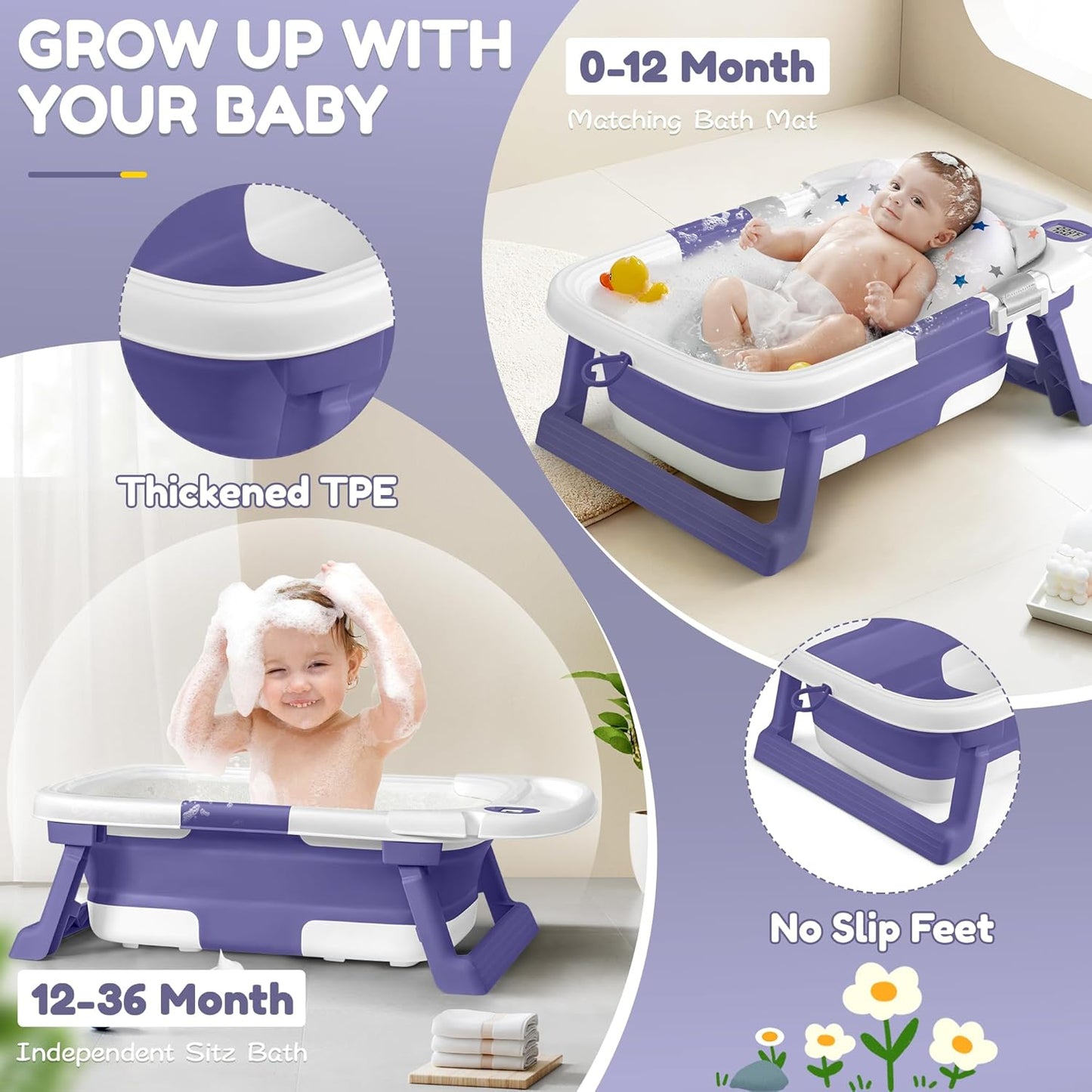 Collapsible Baby Bathtub,Baby Bath Tub with Thermometer & Soft Cushion,Baby Bathtub for Newborn to Toddler 0-36 Months,Portable Travel Baby Tub with No-Slip Feet,Baby Shower Gifts,Lavender
