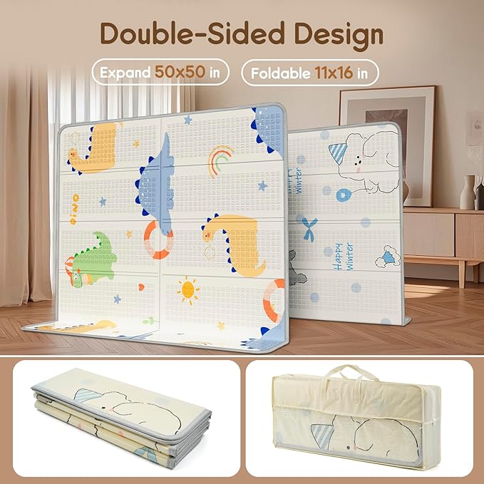Foldable Baby Play Mat, PIGLOG Waterproof Playmats for Babies and Toddlers Kids, Safe Foam Playmat for Tummy Time, 50x50 Playpen Mat, Reversible Portable Baby Floor Mat for Infant, Toddler, Dinosaur