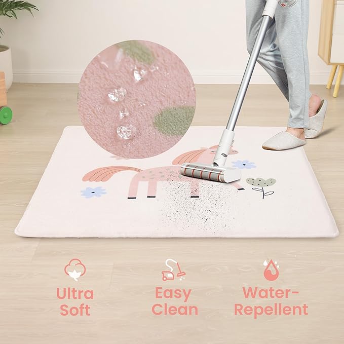 Baby Play Mat for Floor,1.3" Thick Cushioned Playpen Mat 50"x50",Extra Soft Elasti-Foam,Water Repellent Coral Velvet,Non-Slip for Crawling&Tummy Time,Infant Toddler Kids Nursery Rug(Unicorn)