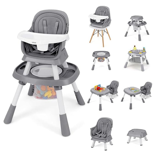 INFANS 9 in 1 High Chair, Convertible Baby Highchair for Babies and Toddlers, Table and Chair Set Building Block Infant Dining Booster Seat, Kids Stool with Activity Children Play Kitchen (Grey)