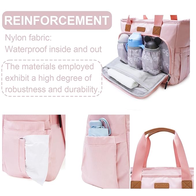 Diaper Tote Bag for Women, Baby Bags with 15.6 Inch Laptop Compartment, Travel Diaper Bag with Insulated Pocket Ideal for Baby Registry (Pink)