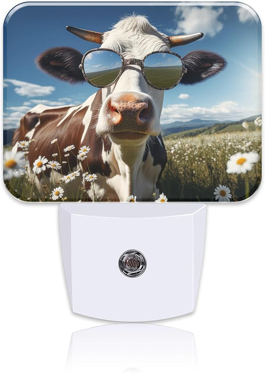 Cool Cow with Sunglasses Plug in Night Lights, Cute Cow Nightlight Plug Into Wall Dusk to Dawn Sensor for Kid Girls Boys Women Men Bedroom, Hallway, Kitchen, Bathroom, Stairs Decor