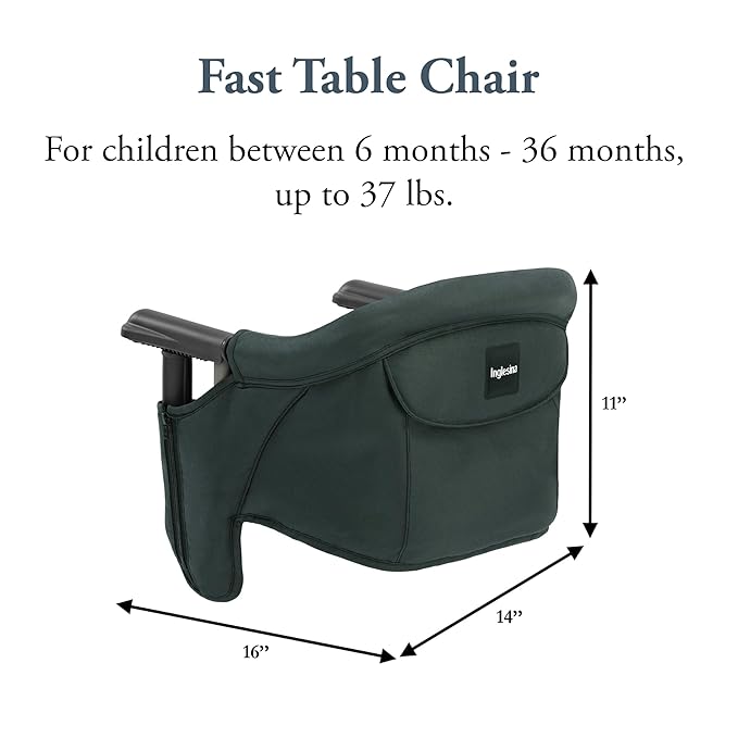 Inglesina Fast Table Chair, Dark Green - Portable Baby High Chair - for Babies & Toddlers up to 37 lbs - Collapsible - Fits Tables 0.8'' to 3.5'' Thick - Compact & Easy to Use - Travel Bag Included