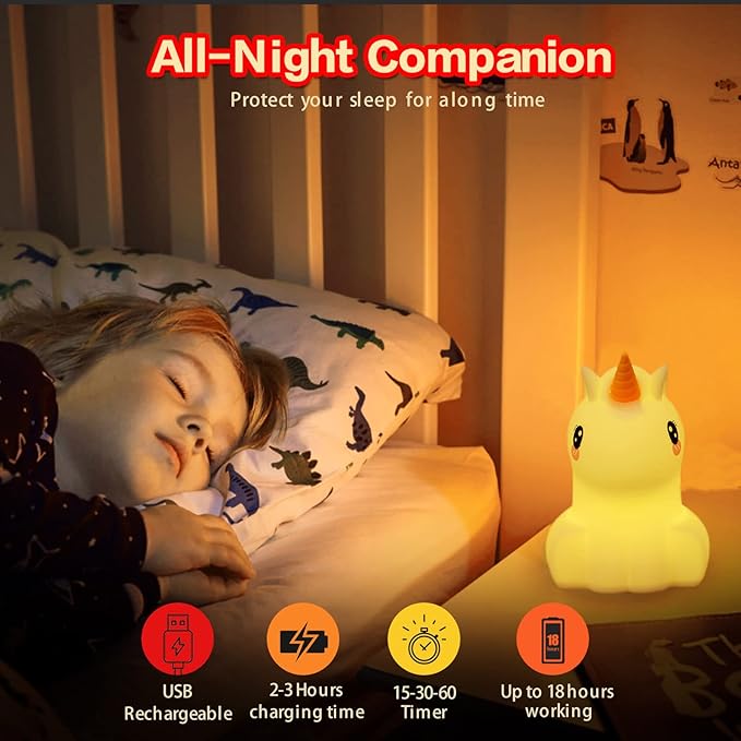 WHA&DARREN Large Unicorn Night Light for Kids,Cute Baby Night Light, Silicone Bedside Lamp,Sleep LED Lights, Eye Caring, Adjustable Brightness & Color, Time Setting, Touch Control & Remote Control