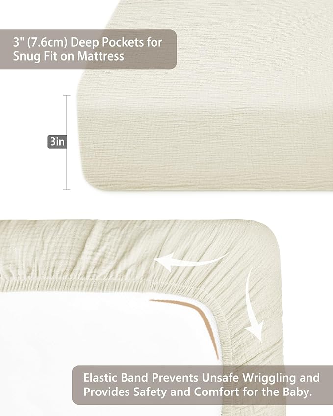 Pack and Play Sheets for Baby Boys and Girls 39"x27"x3", Neutral Muslin Cotton Pack N Play Mattresses Sheet with Boho Style, Soft and Breathable Comfort (Cream)