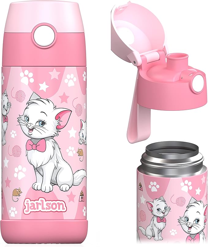 Jarlson® Mali Children's Water Bottle, Thermal Stainless Steel Water Bottle, BPA-Free, Leak-Proof, Children's Bottle with Chug Lid, Bottle for School, Nursery (Cat 'Star', 350 ml)