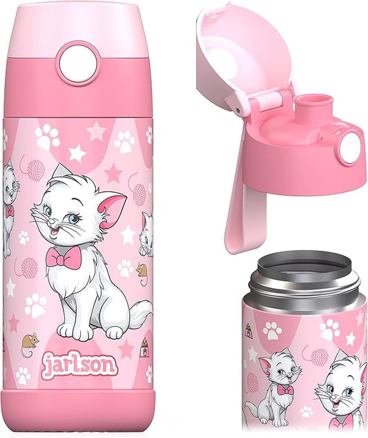 Jarlson® Mali Children's Water Bottle, Thermal Stainless Steel Water Bottle, BPA-Free, Leak-Proof, Children's Bottle with Chug Lid, Bottle for School, Nursery (Cat 'Star', 350 ml)