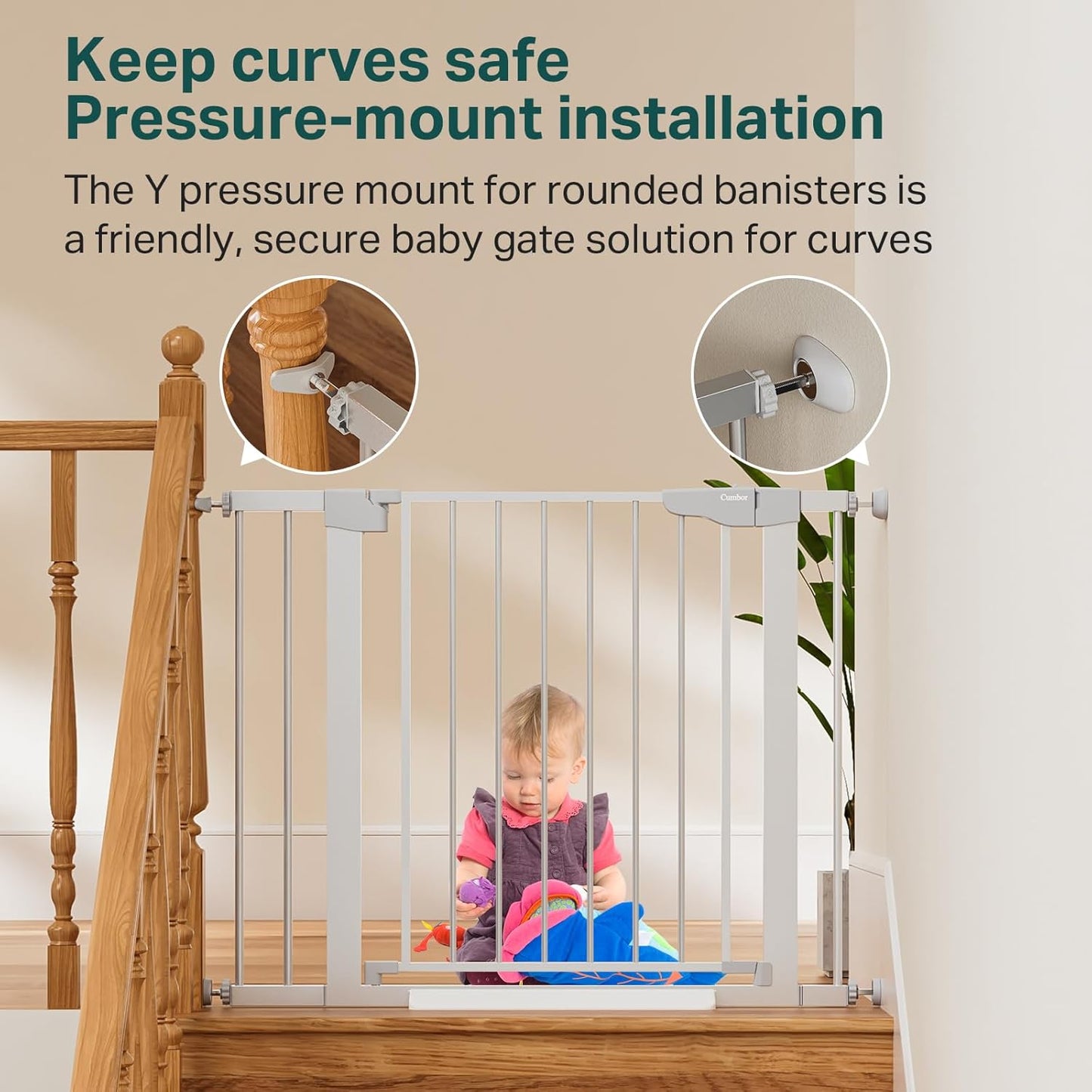 Cumbor 29.7-40.6" Baby Gate for Stairs, Mom's Choice Awards Winner-Dog Gate for Doorways, Pressure Mounted Self Closing Pet Gates for Dogs Indoor, Safety Child Gate with Easy Walk Thru Door, Silver