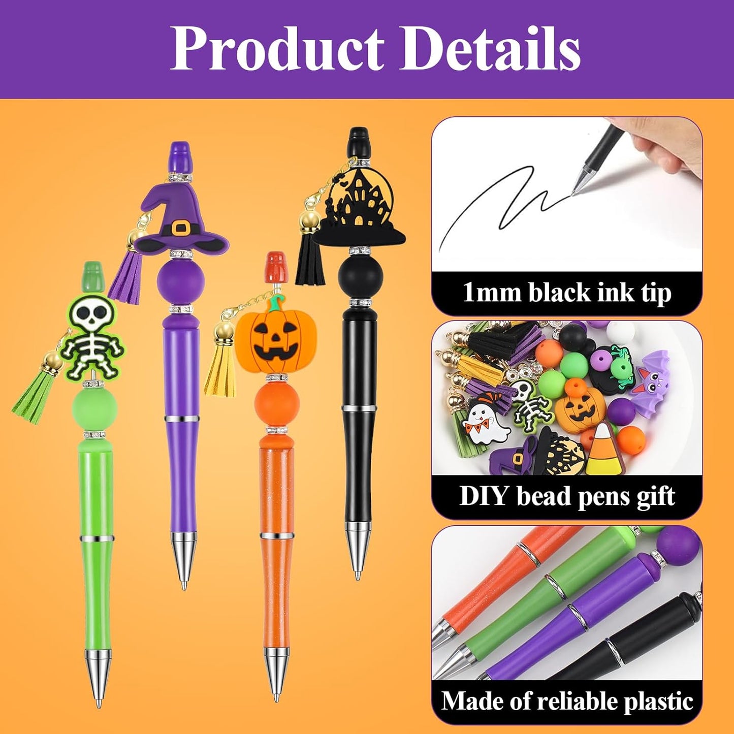 CZWZ Halloween Beadable Pens, Plastic Beadable Pens with 8 Pcs Multicolor Silicone Beads, Halloween Pumpkin Bat Skull Ghost Witch Hat Pens for Halloween Gifts Office Supplies