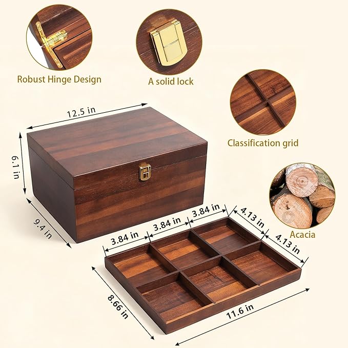 Large Wooden Storage Box with Adjustable Tray, 12.5 IN Acacia Wood Keepsake Box with Lid for Storage Trinkets, Jewelry, Card, Photo, Wooden Decortive Case for Home 12.5x9.4x6.1 IN -WB006-X Large