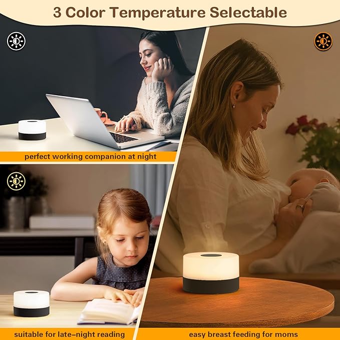 JUSHENG Nursery Night Light for Baby, Battery Powered LED Portable Light Dimmable Touch Night Light with 3CCT Function, Bedside Lamp for Breastfeeding, Newborn, Black, CG0025BK