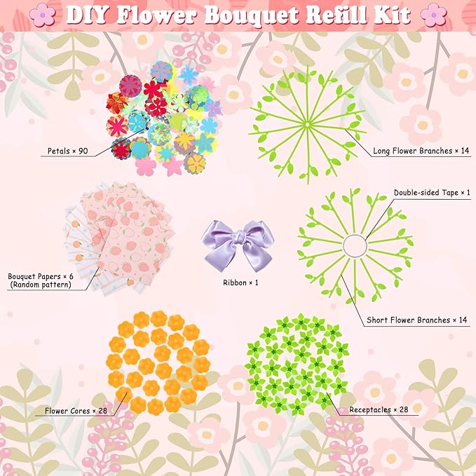 Autotechnx 182PCS DIY Fabric Flower Bouquet Refill Kit, Supplies to Create 28 Fabric Flowers, Refill Pack for Arts and Crafts Toy (Embossing Machine Not Included)