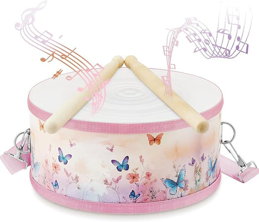 Boao 1 PC Kids Drum Set, 8 Inch Toddler Drum Wooden Toy with Adjustable Strap and 2 Drumsticks, Educational Sensory Musical Instrument for Toddlers Kid Baby Boys Girls Gift(Butterfly)
