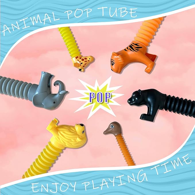 Animal Pop Tubes Sensory Toys 6 Pack Fidget Toddler Stretchable Stress Relief Tubes for Autism, Party Favors, Christmas Stocking Stuffers, Birthday Gifts for Kids Boys & Girls