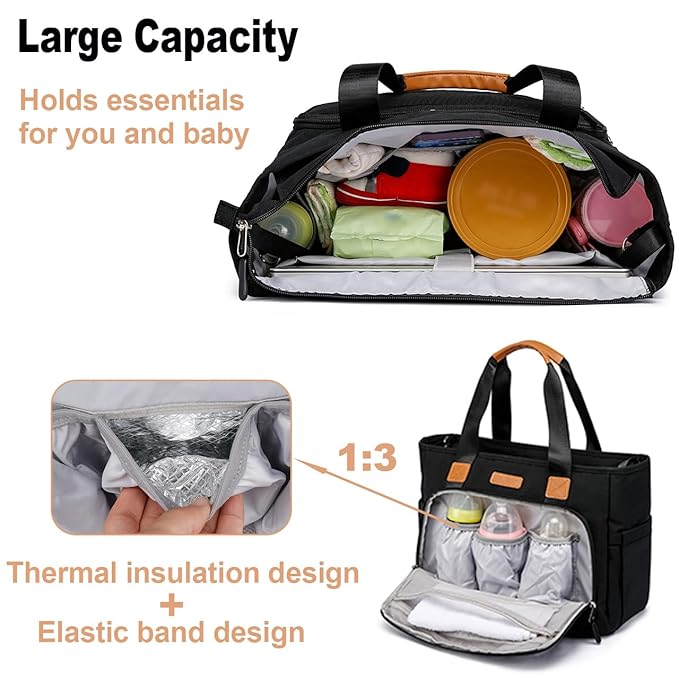 Diaper Tote Bag, 4 in 1 Tote Diaper Bag with 16" Laptop Compartment, Baby Bag with 3 Insulated Pocket for Mam and Dad, Ideal for Travel, Work (Black)