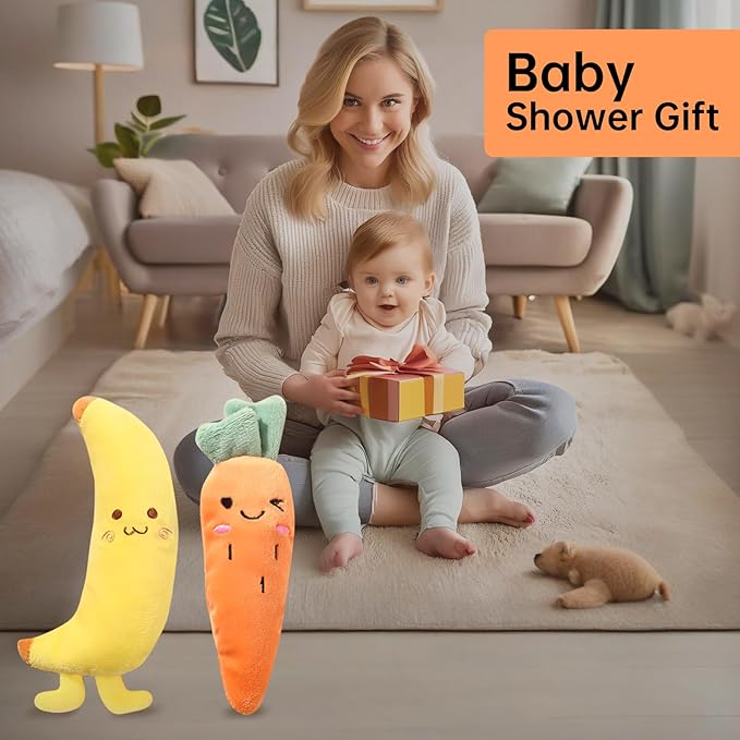 Reidio 2 Pairs Carrots & Bananas Plush Rings Developmental Hand Grip Baby Sleep Soother Baby Shower Gifts 4Pcs