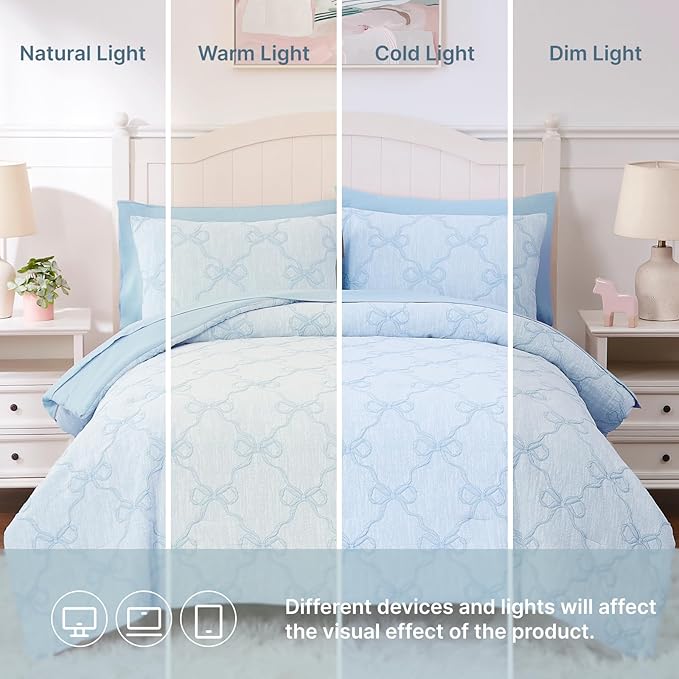 Queen Comforter Set with Sheets for Girls-7 Pieces Queen Bedding Sets with Light Blue Comforter, Sheets, Pillowcases & Shams for Kids (Light Blue Bow Knot, 90" X 90")