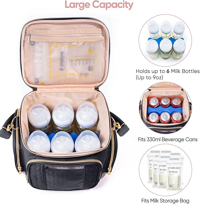 SFYBYHEART Breastmilk Cooler Travel Bag with Ice Pack for 6 Baby Bottles Up to 9 Ounce - Insulated Bottle bag for Daycare - Breastmilk Storage Bag - Baby Bottle Cooler Bag Attach to a Stroller