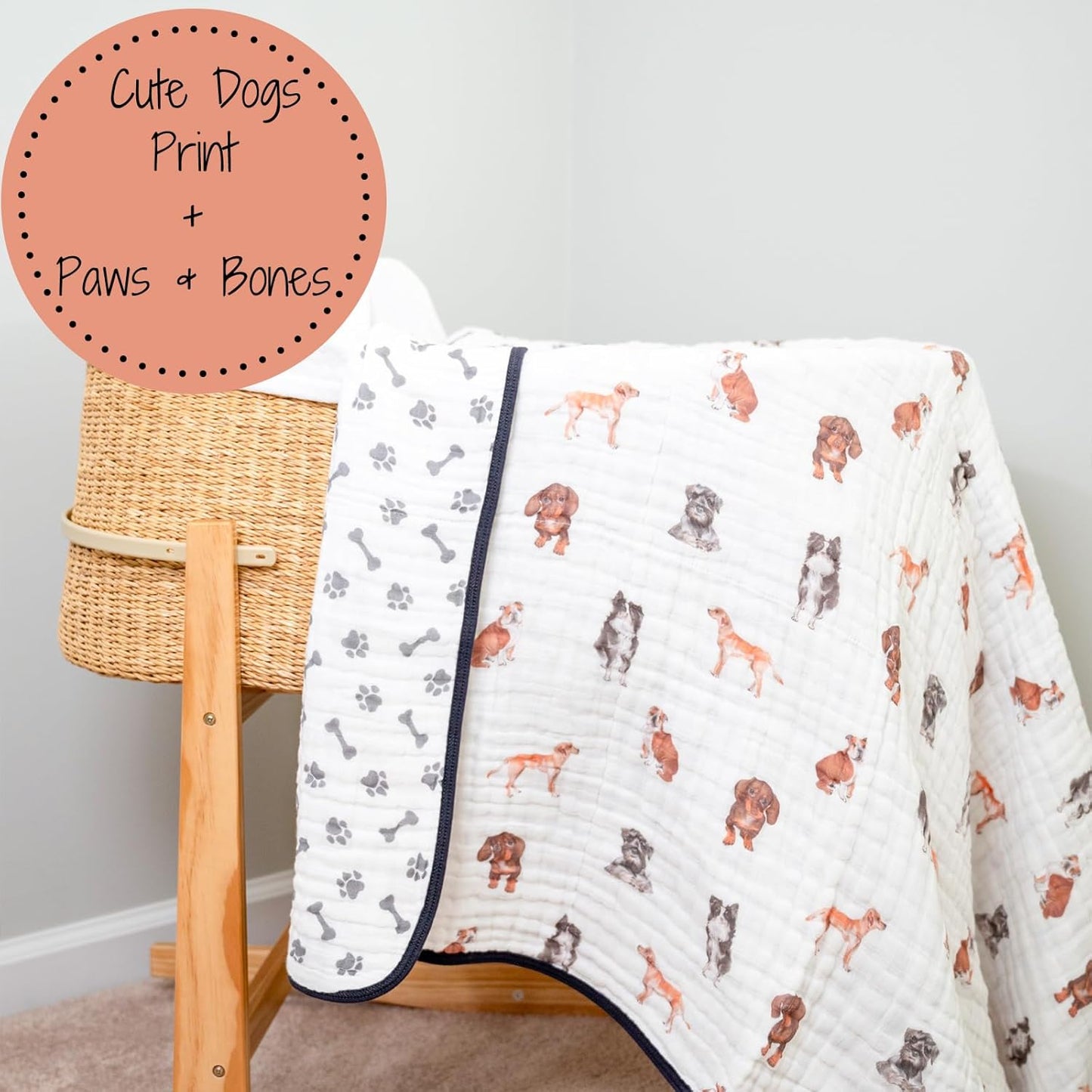 LollyBanks Muslin Baby Blanket 100% Organic Cotton, Muslin Quilt Lightweight, 6 Layers Baby Blankets 47"x 47", Toddler Blanket for Boy and Girl, Nursery Receiving Blankets (Puppies Print)