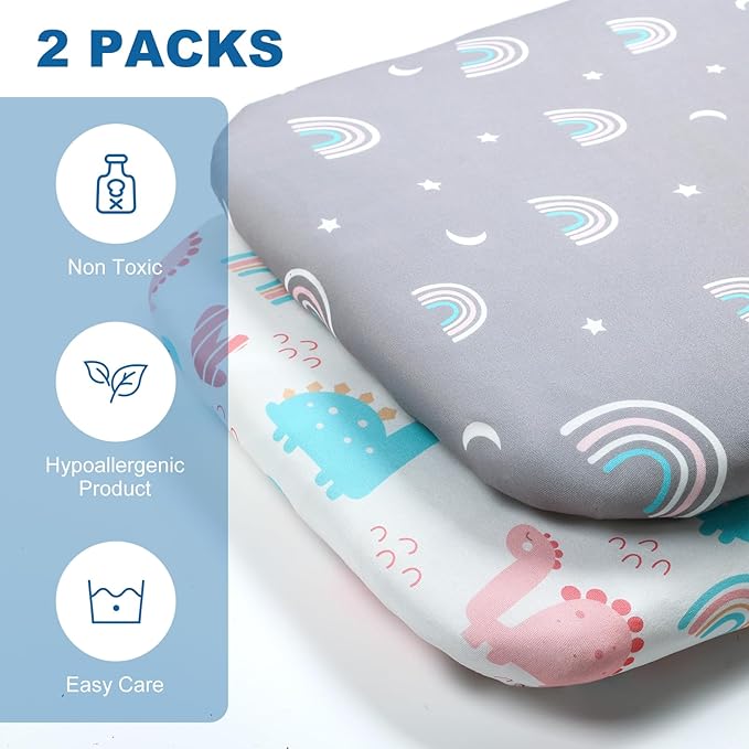 Bassinet Bed Sheet Set 2 Pcs Fits Rectangle Oval Halo Hourglass Mattress Stretch Bassinet Bed Sheet Soft and Comfortable (Deer Park) (Rainbow & Dinosaur)