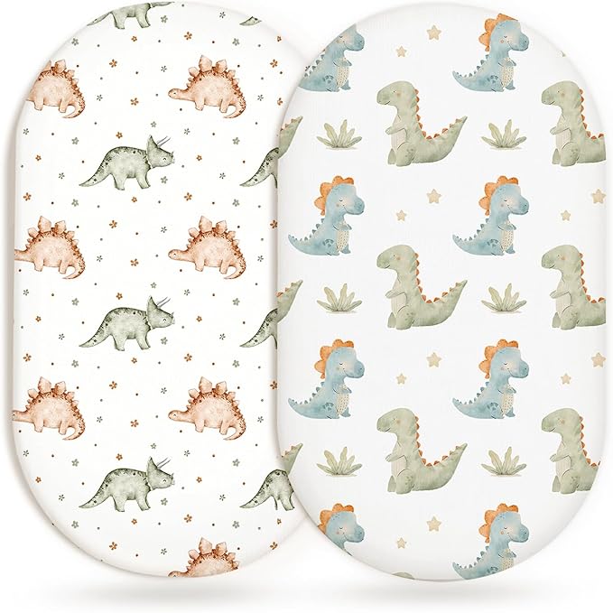 Bassinet Sheets for Baby Girls Boys 2 Pack, Fitted Baby Mattress Sheet for Rectangle, Oval, Hourglass Bassinet Mattress, Breathable Cozy & Universal Fit (Tiny Dinos)