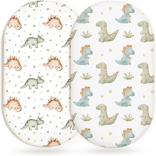 Bassinet Sheets for Baby Girls Boys 2 Pack, Fitted Baby Mattress Sheet for Rectangle, Oval, Hourglass Bassinet Mattress, Breathable Cozy & Universal Fit (Tiny Dinos)