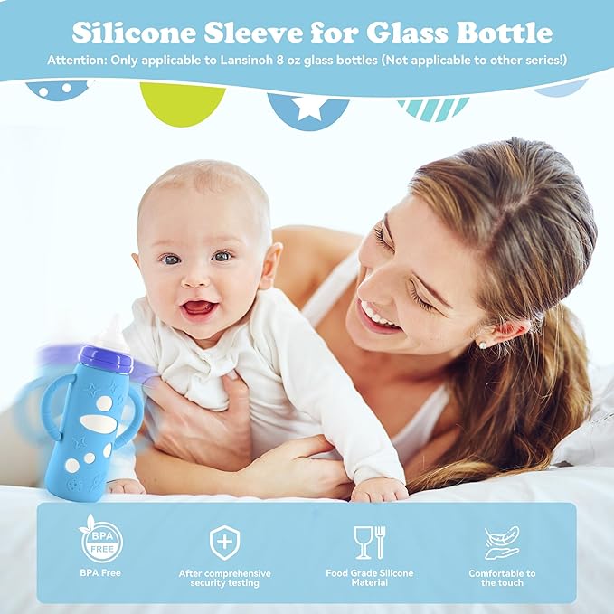 4-Pack Silicone Sleeves for Lansinoh Glass Bottles 8 oz- Starry Sky Design Baby Bottle Holder with Handles,Protectors for Lansinoh Natural Wave Glass Bottles, Anti-Scald Feeding Supplies