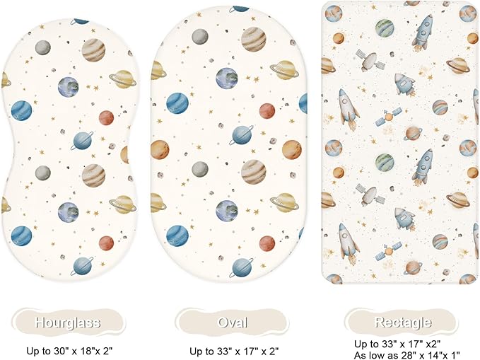 Bassinet Sheets for Baby Girls Boys 2 Pack, Fitted Baby Mattress Sheet for Rectangle, Oval, Hourglass Bassinet Mattress, Breathable Cozy & Universal Fit (Stellar Adventure)