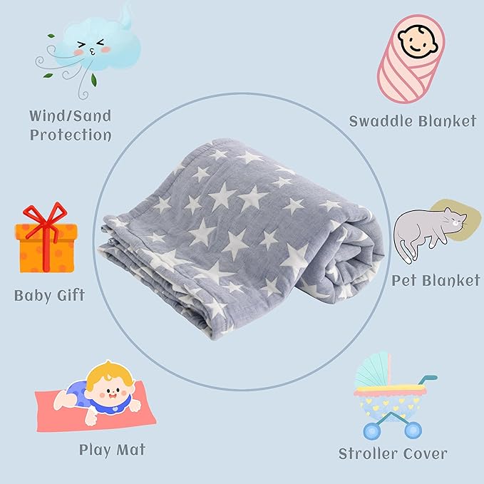 NTBAY 3 Layer Oversized Muslin Cotton Toddler Blanket, 45x60 Inches Jacquard Reversible Nursery Bed Blanket, Super Soft and Thermal Crib Blanket for All Seasons, Baby Gift, 45"x60", Blue/White Star