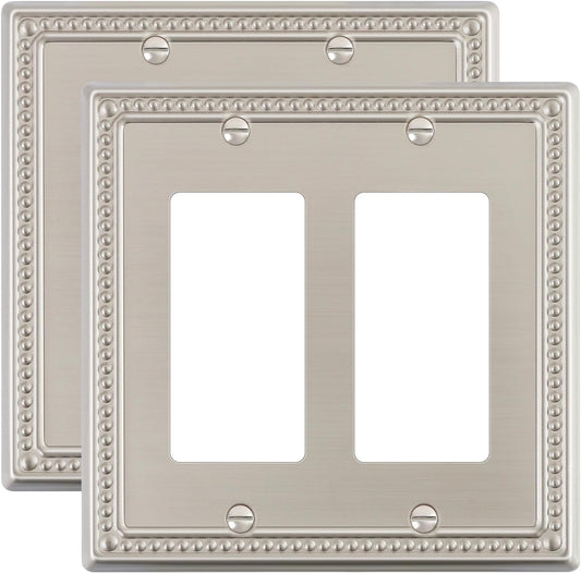 2-Pack Double Decorator Outlet Cover Plate, Pearls Decorative Switch Plates and Outlet Covers, 2 Gang Brushed Nickel Metal Wall Plates, Corrosion Resistant