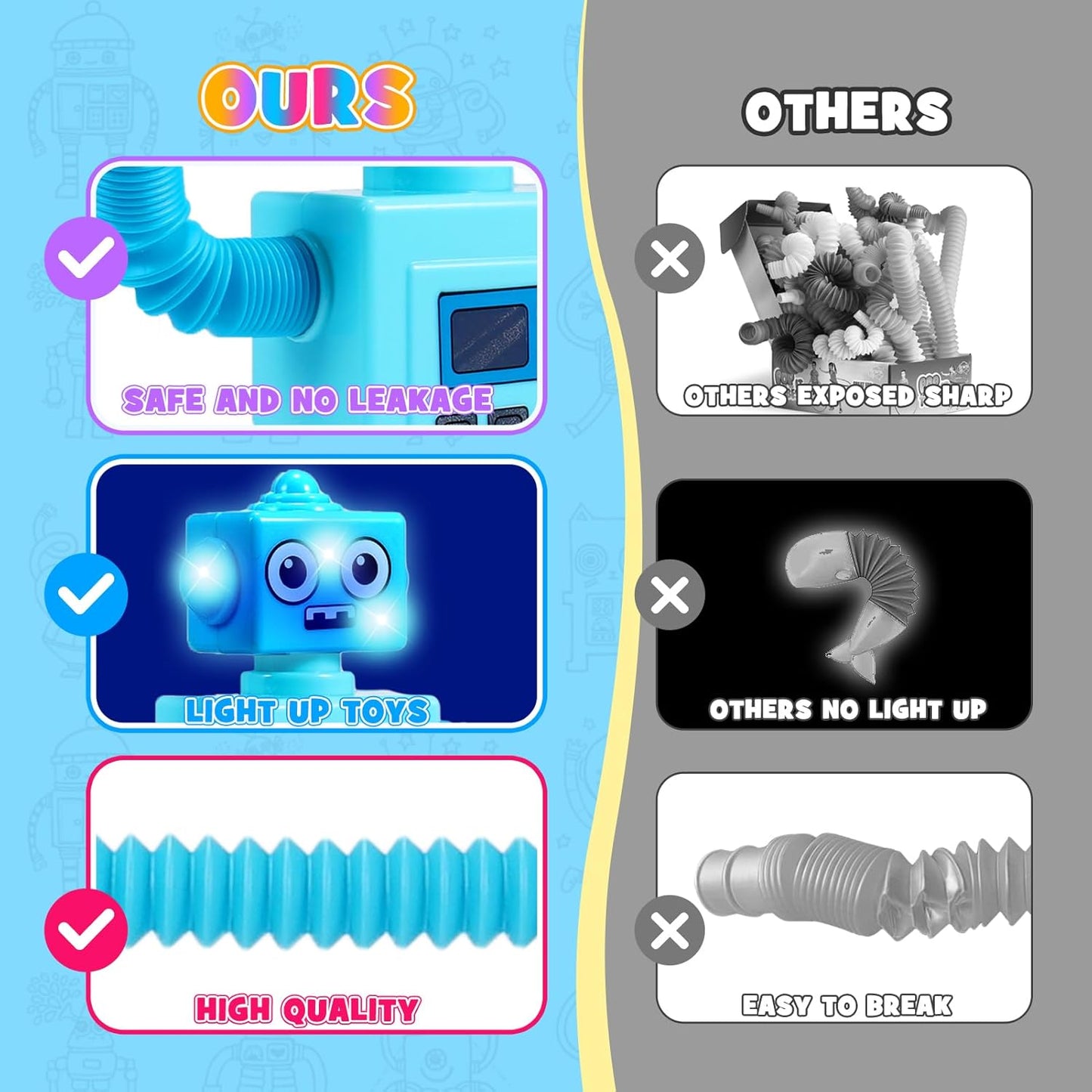 Robot Fidget Toys for Kids : 4 Pack LED Robotic Pop Tubes Telescopic Suction Cup Sensory Toy for 2 3 4 5 6 7 8 Year Old Boys Girls Christmas Birthday Gifts for Kid Ages 2-4 Toddler Travel Toy