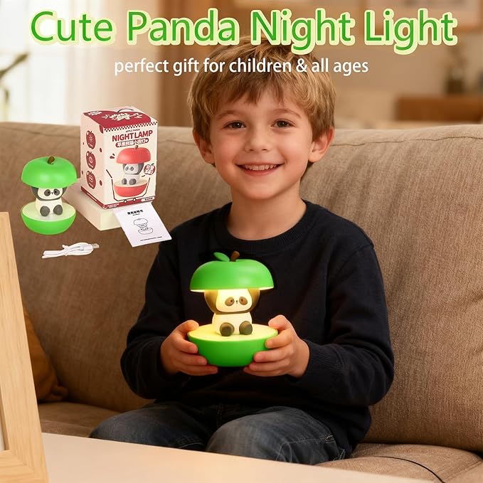 Cute Panda Night Light, LED Squishy Novelty Animal Night Lamp, 3 Level Dimmable Nursery Touch Kawaii Lamp, Birthday Christmas Gifts (USB Rechargeable) (Green)