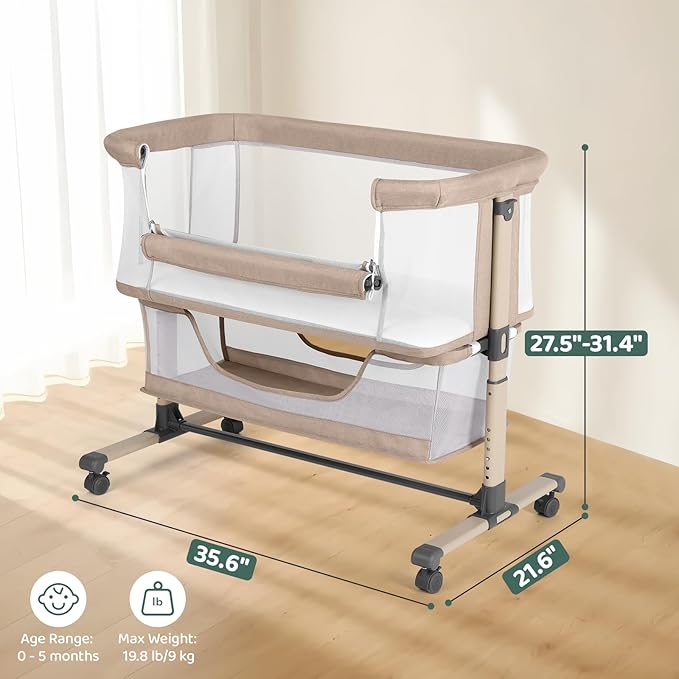 Cowiewie Bassinet Bedside Sleeper, Portable, Breathable, Adjustable Baby Bedside Bassinet for Peaceful Nights, Beige