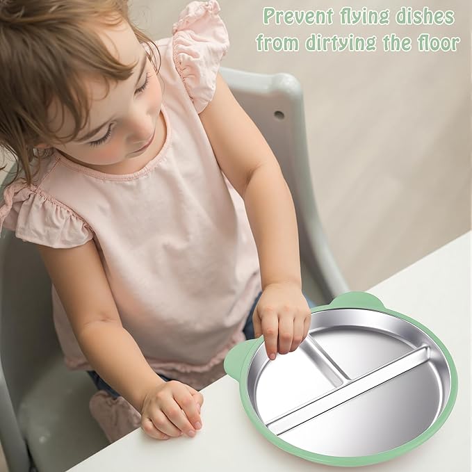 Stainless Steel Kids Plate with Suction 4 Pack, 9″ Toddler Divided Plates with Removable Non Slip Silicone Sleeves, BPA Free Baby Snack Dishes, Mint Green, Wisteria, Coral pink, Glaucous